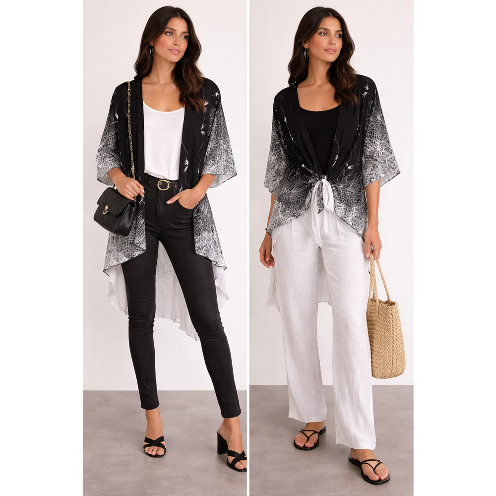 Vintage Concept Kimono L Black White Abstract double Layered Boho Gauze Duster L